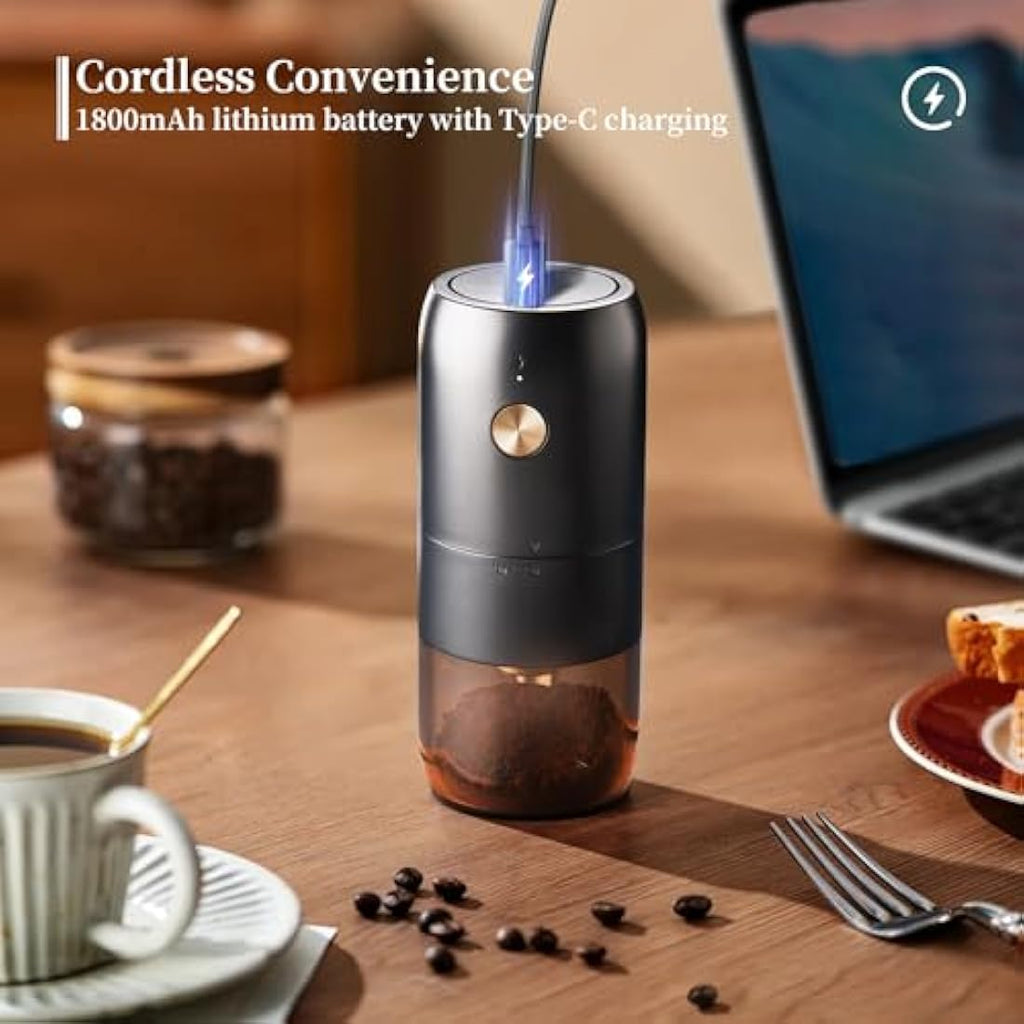 ELMWAY Portable Electric Coffee Grinder – Stainless Steel Burr, Rechargeable