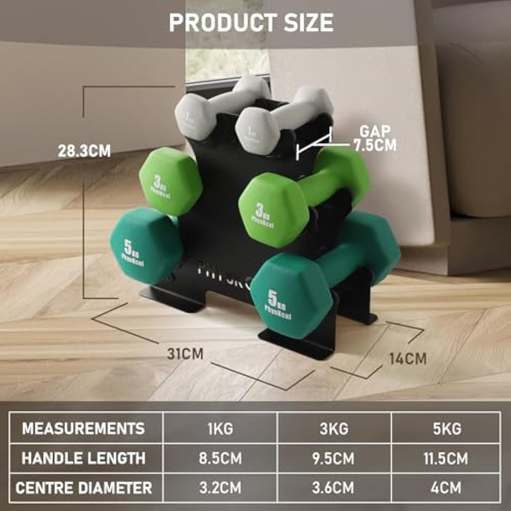 PhysKcal 18kg Neoprene Dumbbells Set with Steel Rack | 1kg 3kg 5kg Pairs