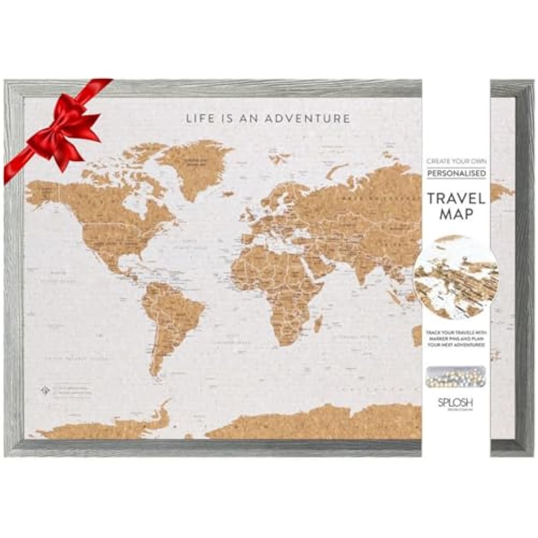 Splosh World Map Pin Board – Grey Framed Cork Board with 100 Pins