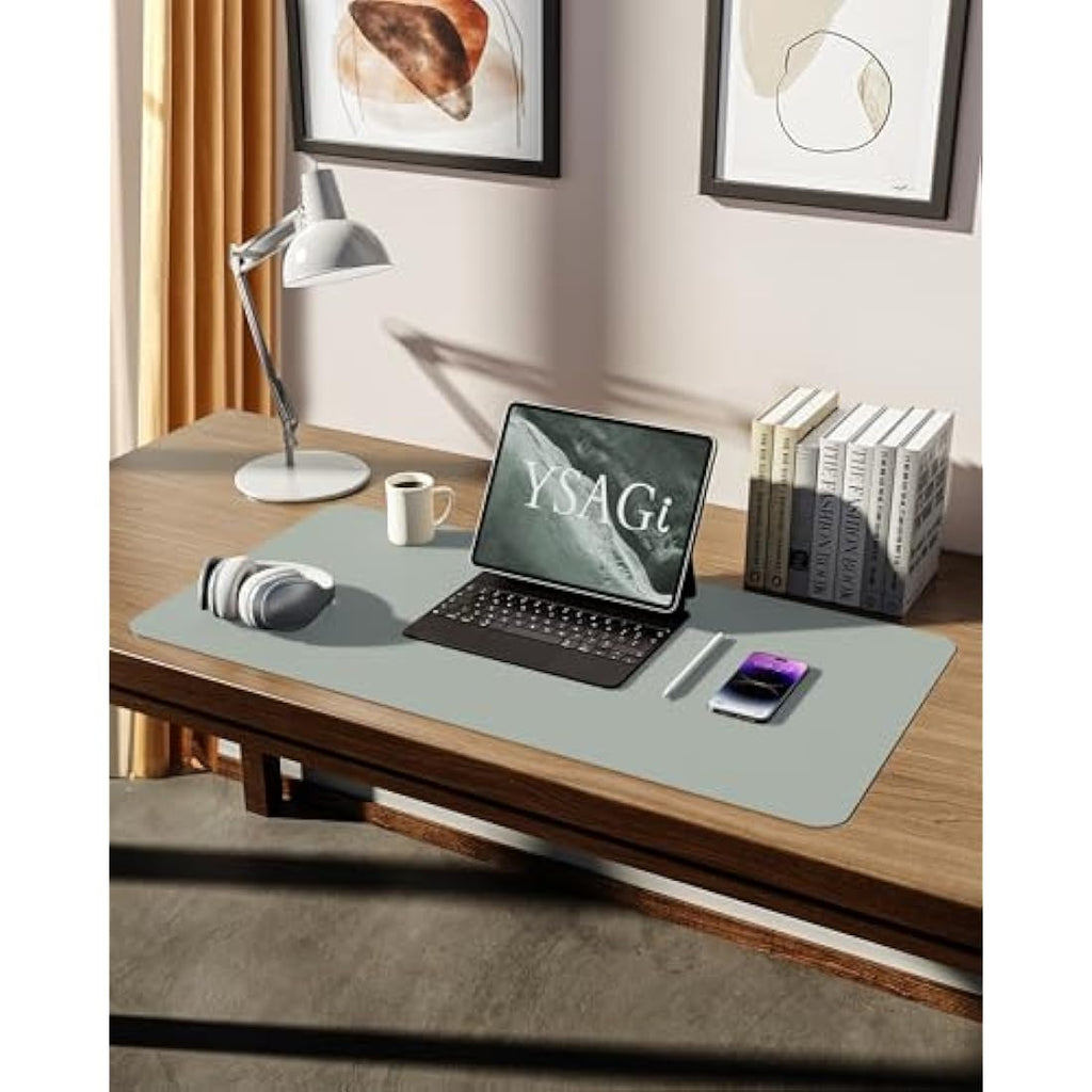 YSAGi PU Leather Desk Mat – Non-Slip Waterproof Mouse Pad, Grayish Green
