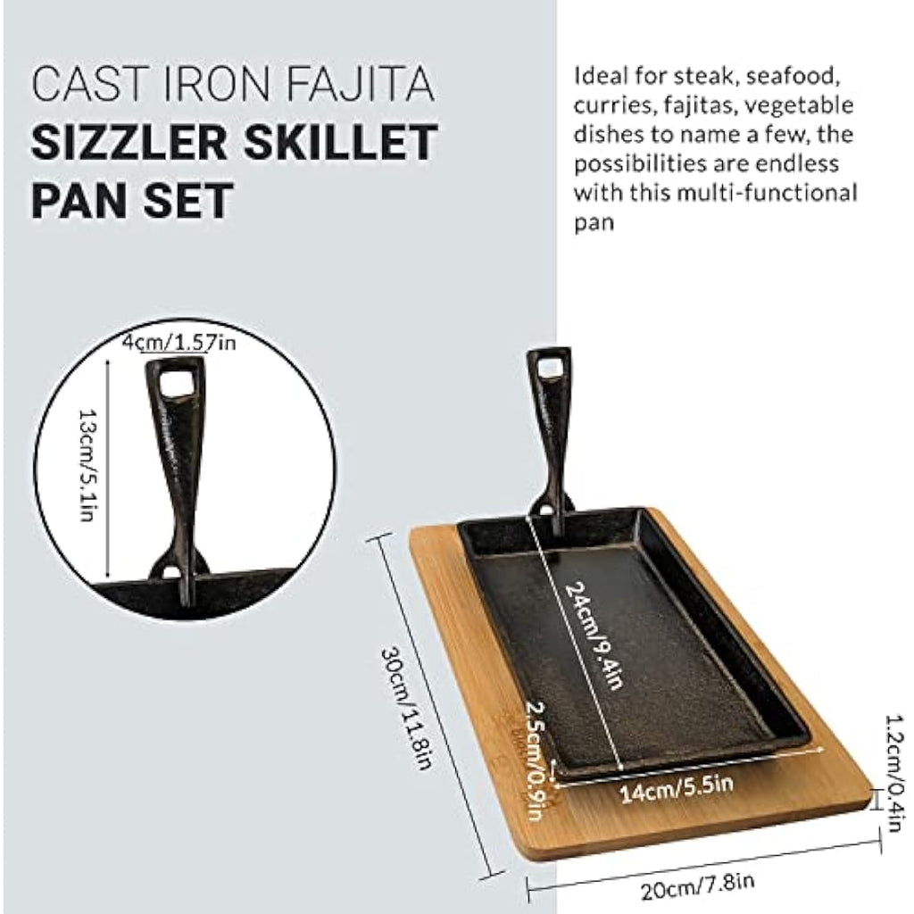 Cast Iron Sizzler Pan Set – Fajita Skillet with Wood Board