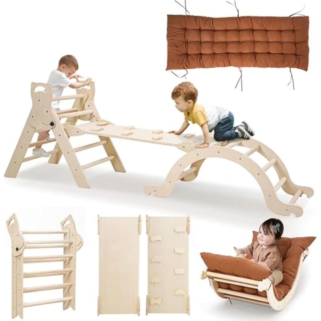 Wooden Montessori Climbing Frame with Slide and Cushion