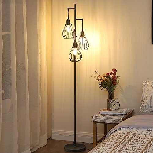EDISHINE Industrial Dimmable Floor Lamp – 3-Light Metal Cage Standing Lamp
