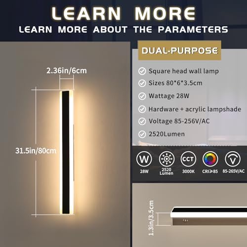 Mikeru 80cm Outdoor LED Wall Lights | 2-Pack 28W Modern IP65 Garden Sconce