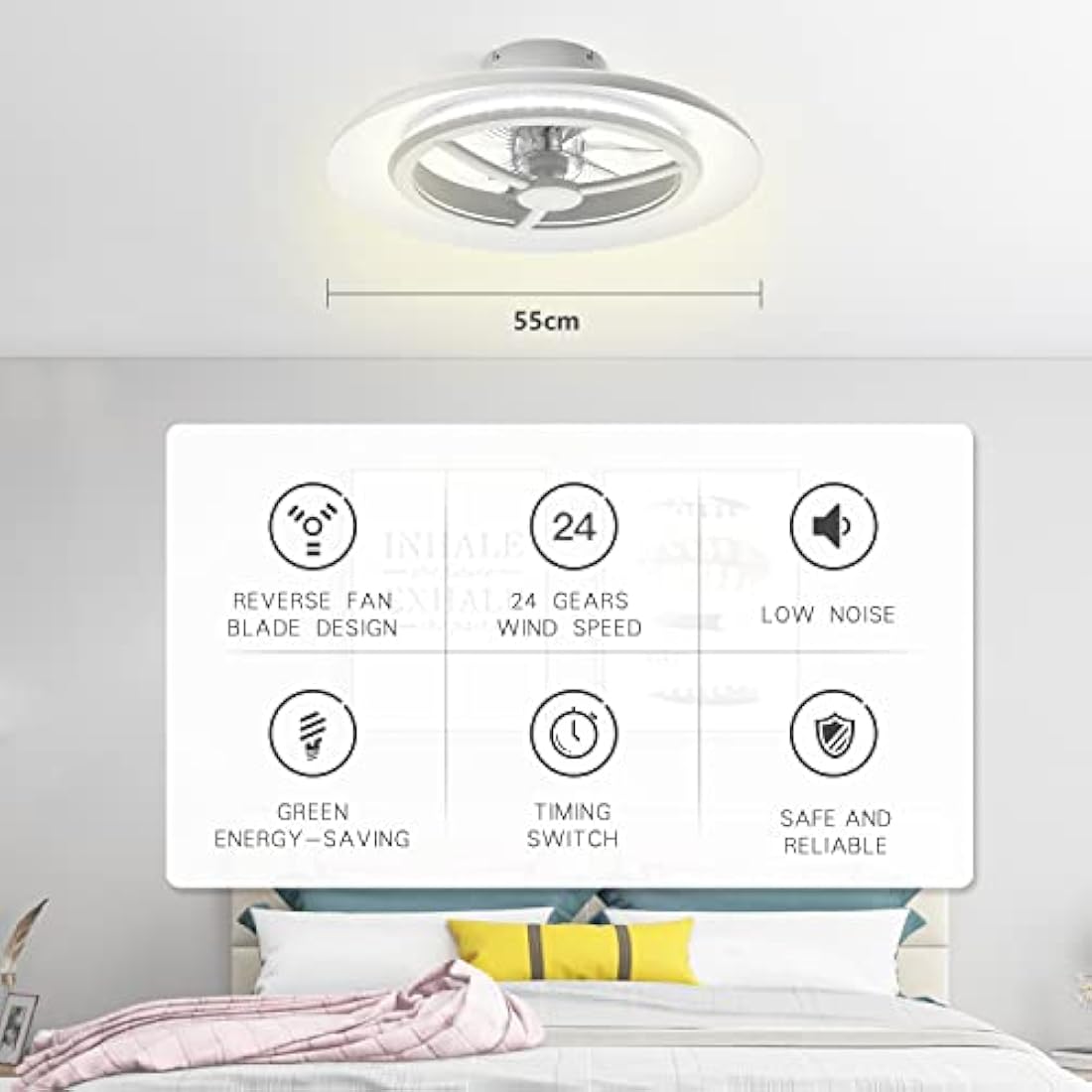 BKZO 55cm Smart LED Ceiling Fan Light | RGB Dimming & App Control