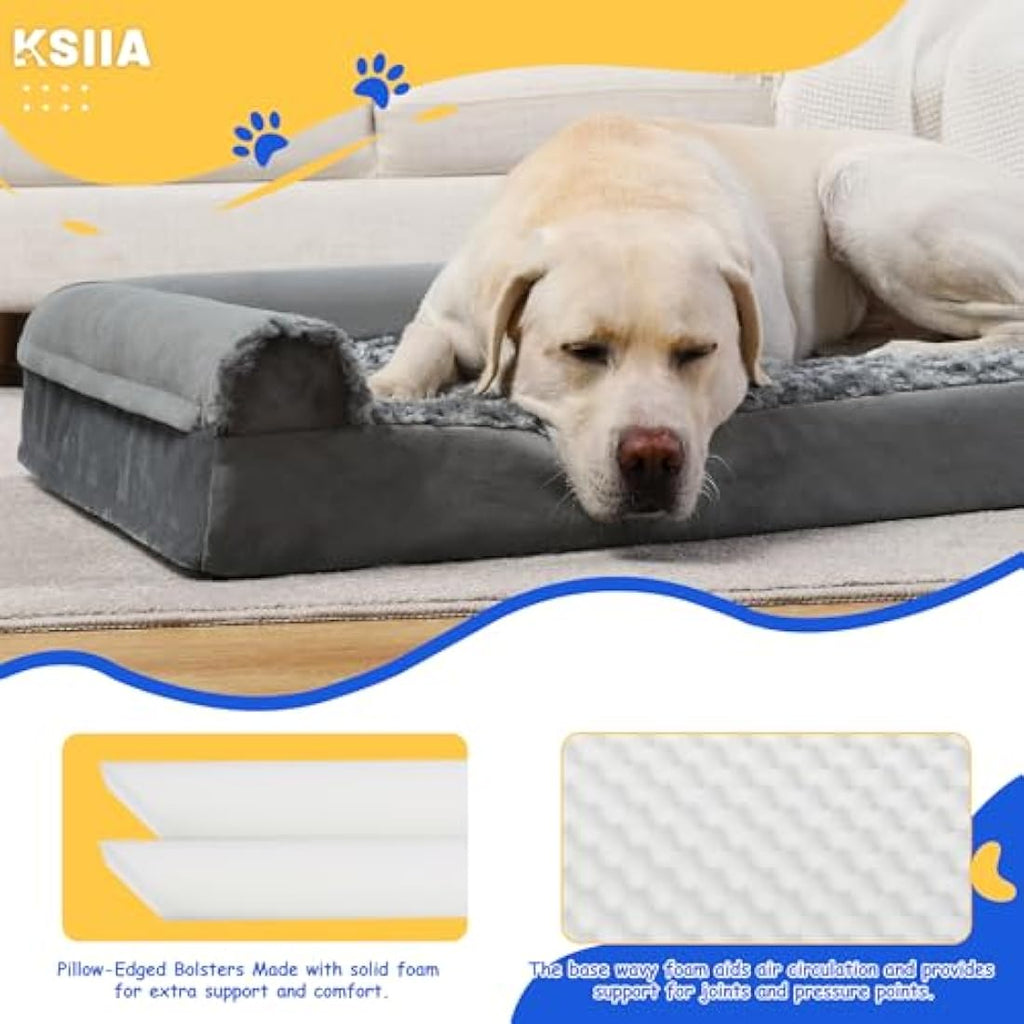 KSIIA XL Orthopedic Dog Bed – Large Washable Bolster Sofa, Grey