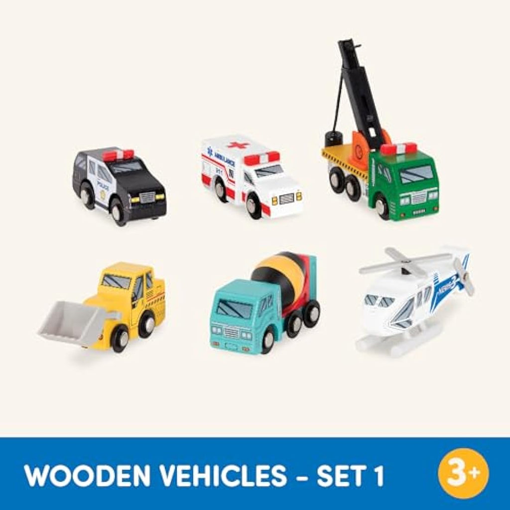 Battat Wooden Toy Vehicles - 6 Piece Rescue & Construction Set for Kids