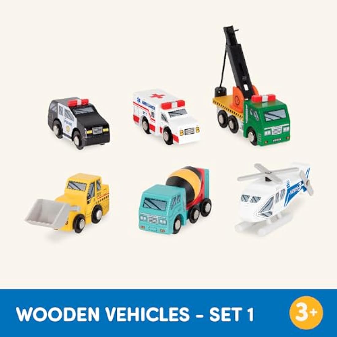 Battat Wooden Toy Vehicles - 6 Piece Rescue & Construction Set for Kids