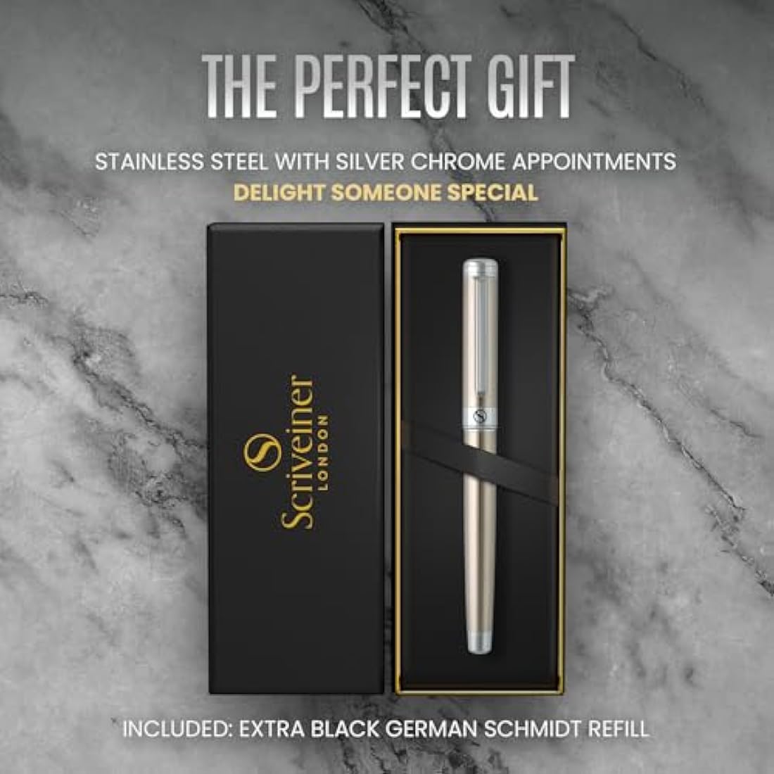 Scriveiner Stainless Steel Rollerball Pen – Luxury Silver Chrome Finish