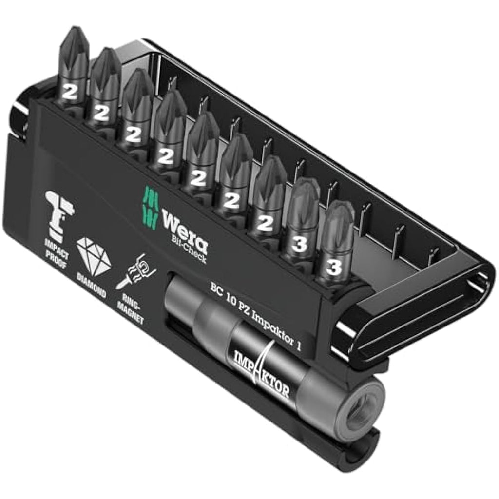 Wera Bit-Check 10 PZ Impaktor Set | Long Life Pozidriv Bit & Holder