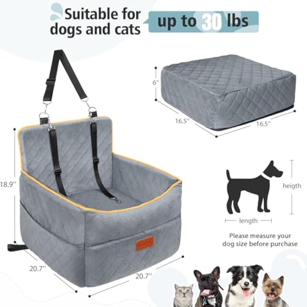 HEGGCOOE Memory Foam Dog Car Seat – Washable Booster Seat for Dogs to 35lbs