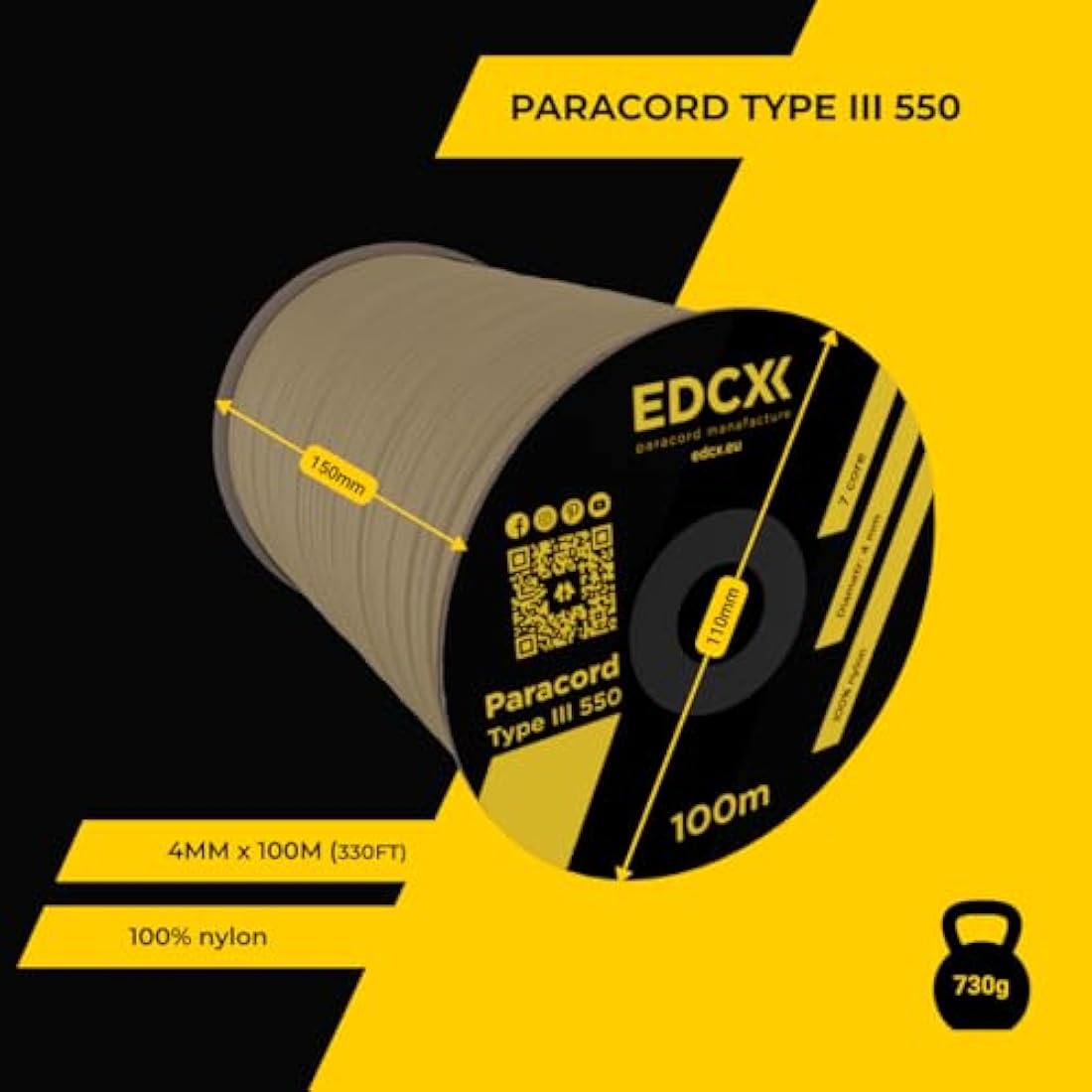 EDCX 550 Paracord Type III – 4mm Nylon Rope for DIY, Camping & Survival