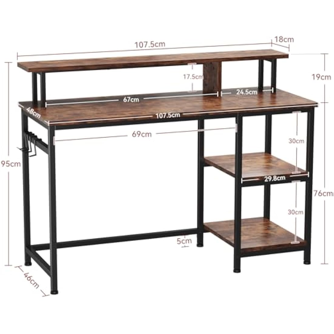 Dripex Computer Desk with Dual Monitor Stand & Shelves - Rustic Brown