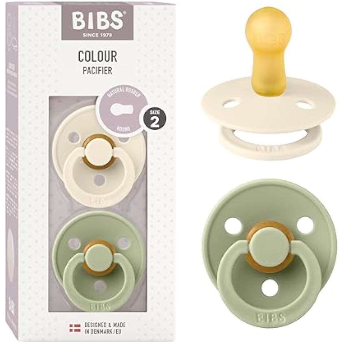 BIBS Colour Pacifier 2-Pack | Natural Rubber Latex Dummy, Size 2, Ivory/Sage