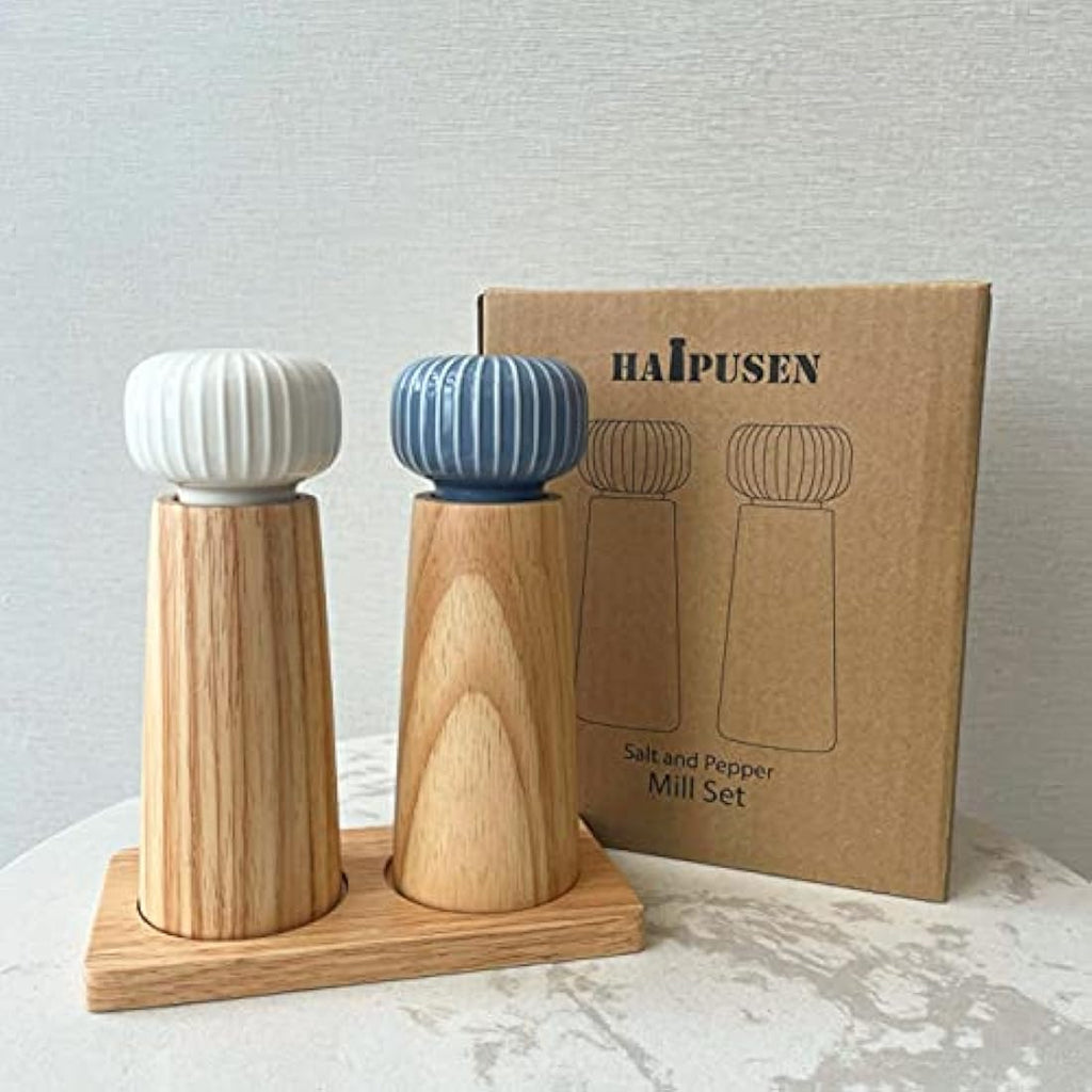 HAIPUSEN Wood and Ceramic Salt and Pepper Mill Set with Tray - 17.5cm