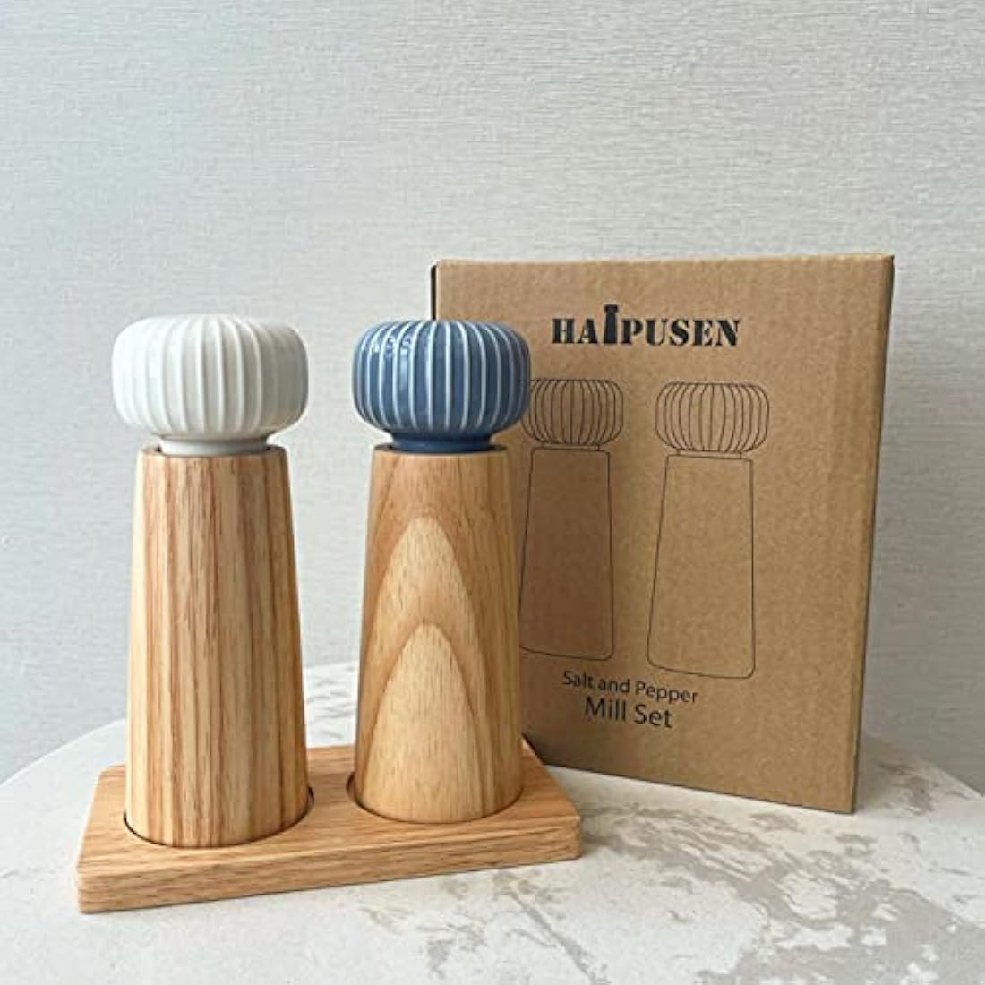 HAIPUSEN Wood and Ceramic Salt and Pepper Mill Set with Tray - 17.5cm