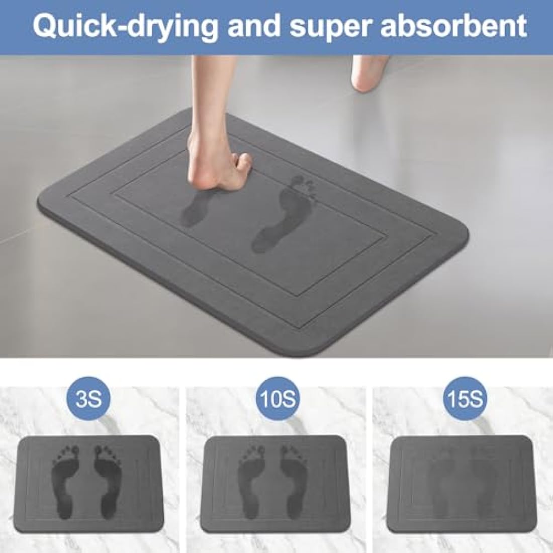 HUMIGA Diatomaceous Earth Stone Bath Mat - 2 Pack Non-Slip Grey, 24x15