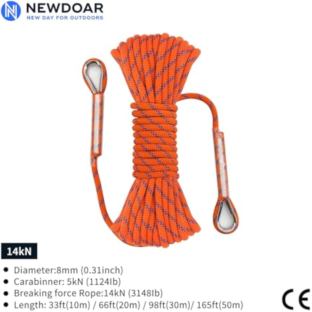 NewDoar 8mm Static Climbing Rope – 14kN Polyester Safety Cord with Carabiners