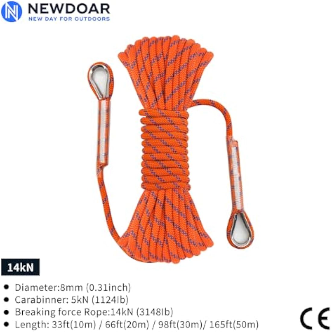 NewDoar 8mm Static Climbing Rope – 14kN Polyester Safety Cord with Carabiners