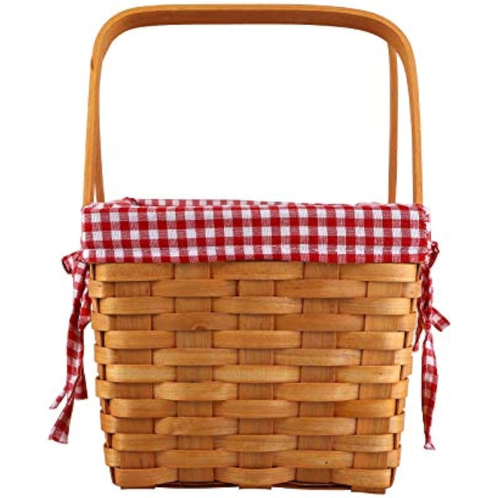 Bekith Woven Picnic Basket with Double Handles and Pink Gingham Liner