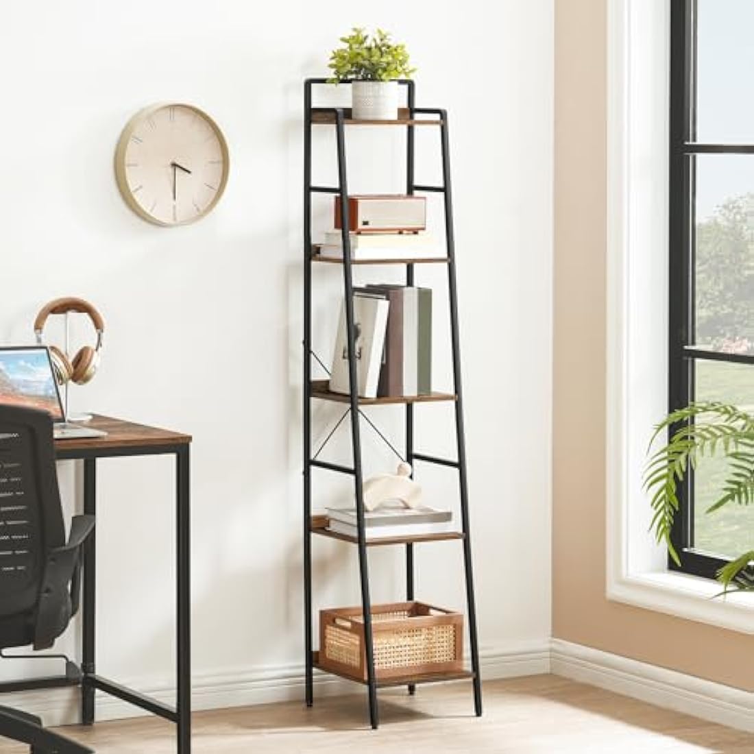 HOOBRO 5-Tier Ladder Shelf – Narrow Industrial Bookcase, Rustic Brown