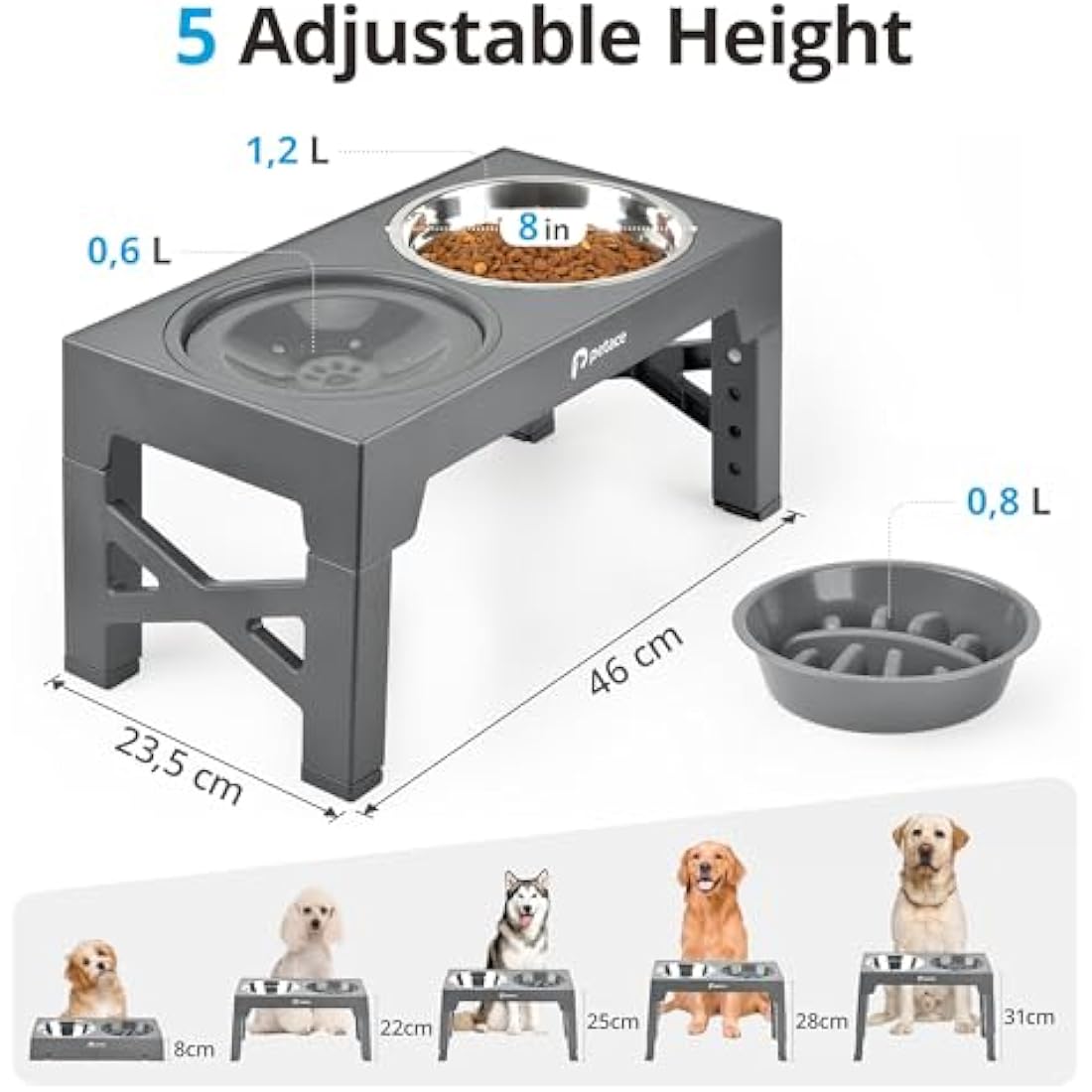 Petace Elevated Dog Bowls - 5 Heights Adjustable Stand with Slow Feeder