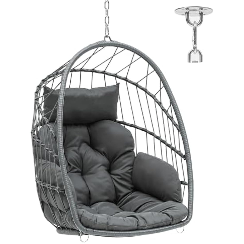 YITAHOME Rattan Hanging Egg Chair – Grey Steel Frame Garden Swing