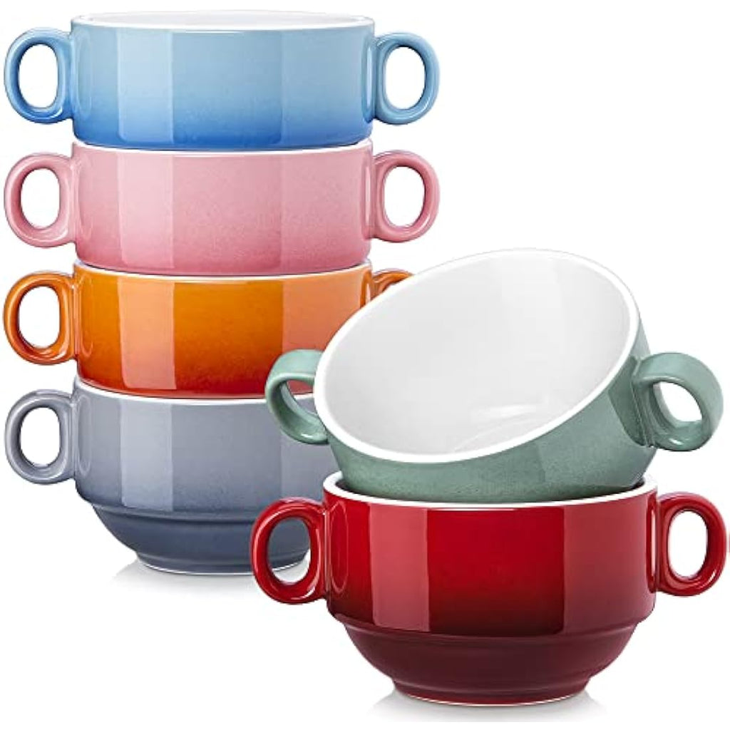 LOVECASA Ceramic French Onion Soup Bowls with Handles - Set of 6