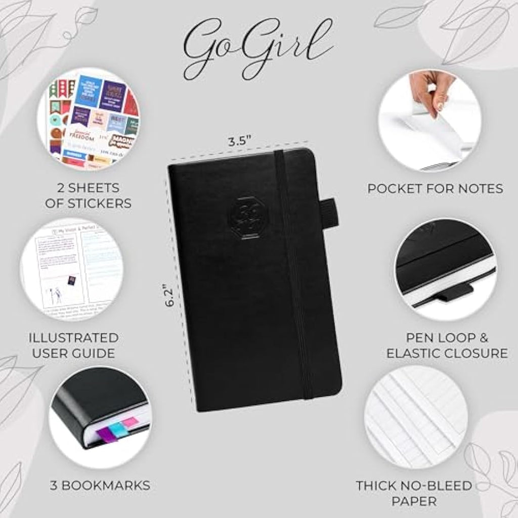 GoGirl Undated Pocket Weekly Planner – Eco-Leather Goal Organizer, Black