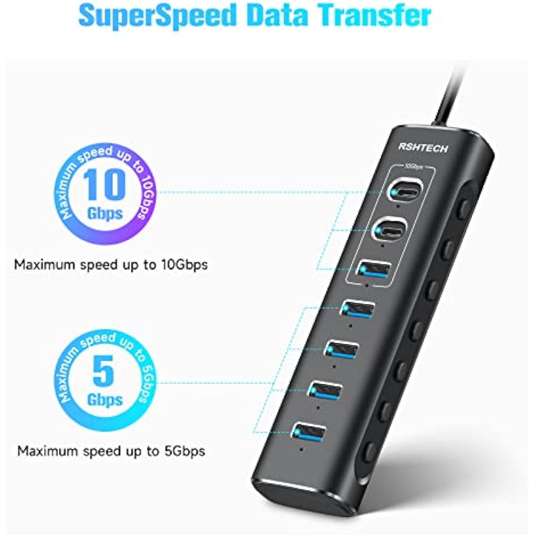 RSHTECH 7-Port Powered USB 3.1 Hub | 10Gbps Data Transfer & 24W Adapter
