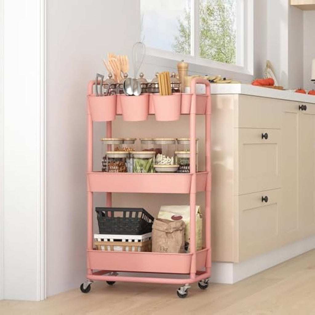 JIUYOTREE 3-Tier Rolling Utility Cart with Handles and Wheels - Pink