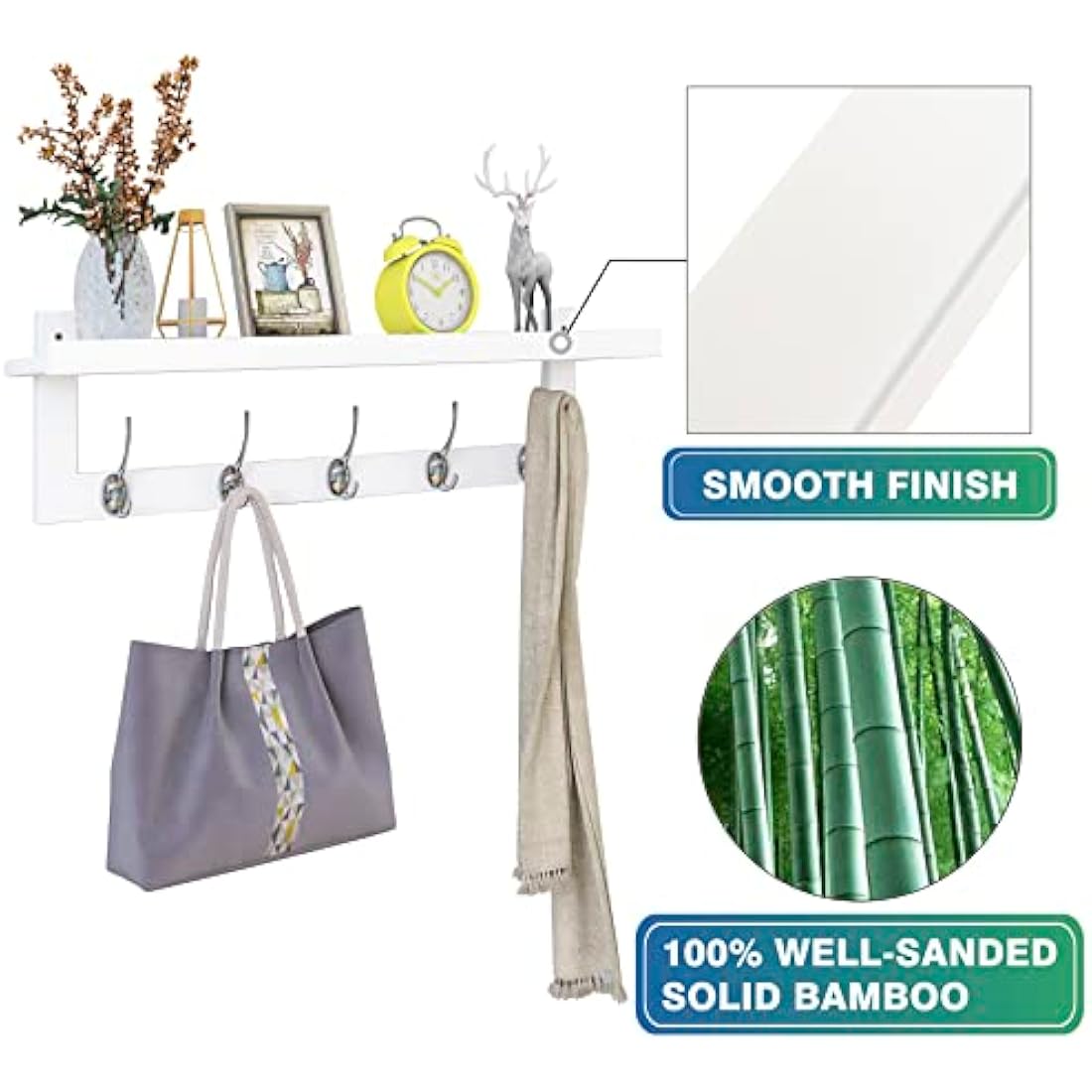 SMIBUY Bamboo Wall-Mounted Coat Rack with Shelf - 5 Double Hooks, White