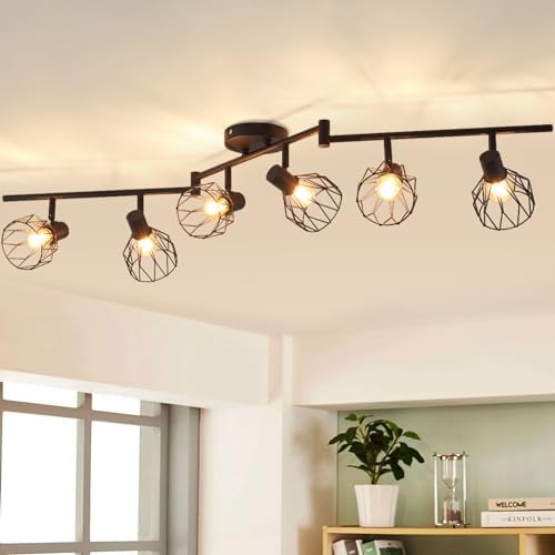 ANWIO 6-Way Industrial Ceiling Spotlights – Black Wire Cage Light