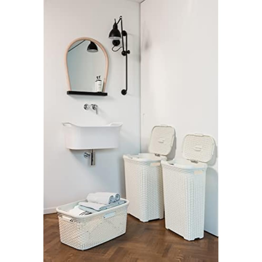 Curver 60L Laundry Hamper – Rattan Style Bathroom Storage, Vintage White