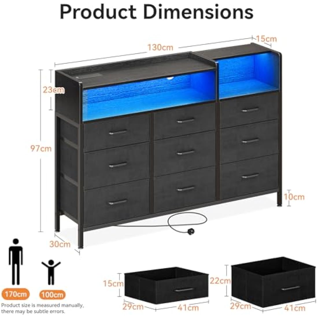 ODK 9-Drawer Dresser with LED Lights and Charging Station – Black Fabric