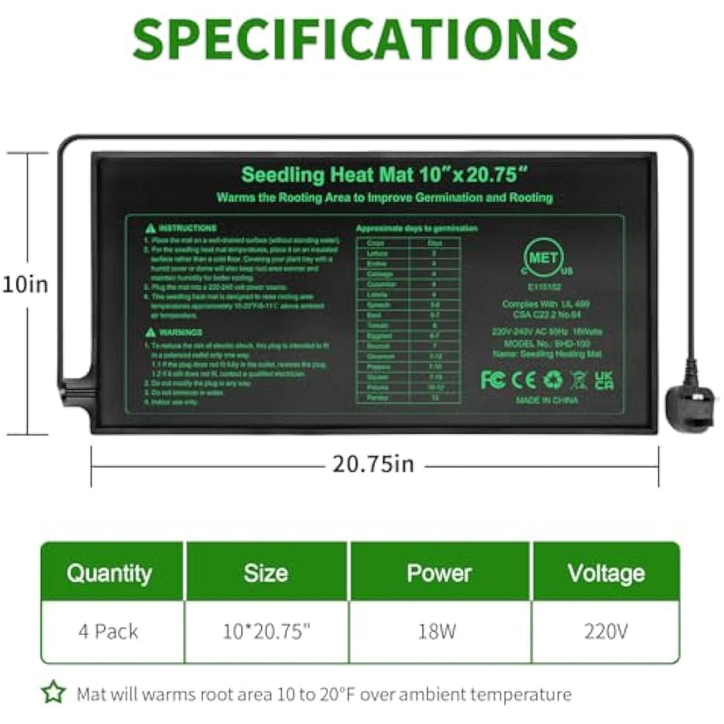 RC SLL Seedling Heat Mat 10" x 20.75" Waterproof Heating Pad - 4 Pack