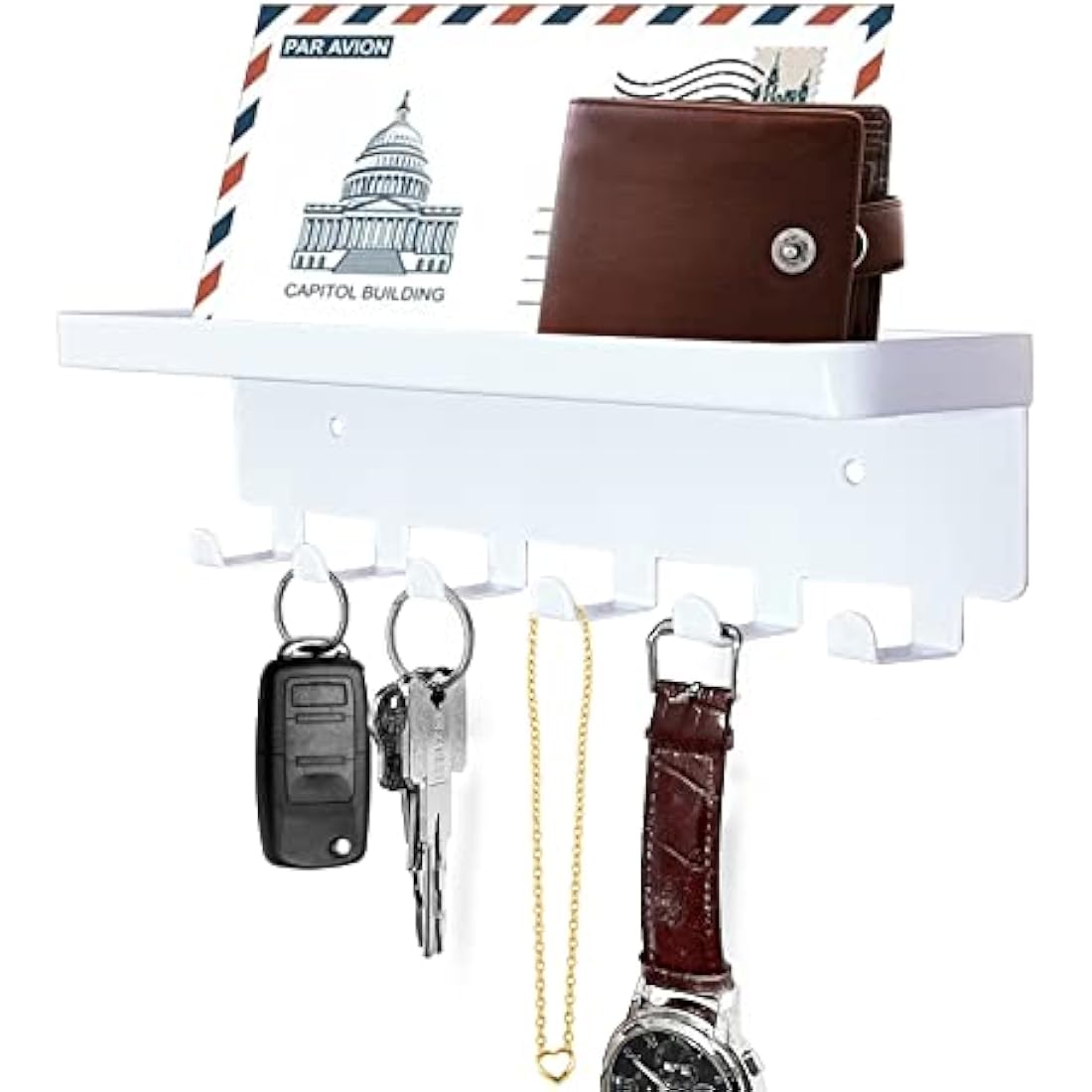 Wall Mounted Key Holder with Mail Tray - 6 Hooks, White Metal