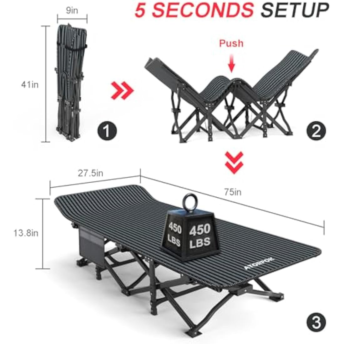 ATORPOK Folding Camping Cot with Cushion – Heavy Duty 450lbs Bed
