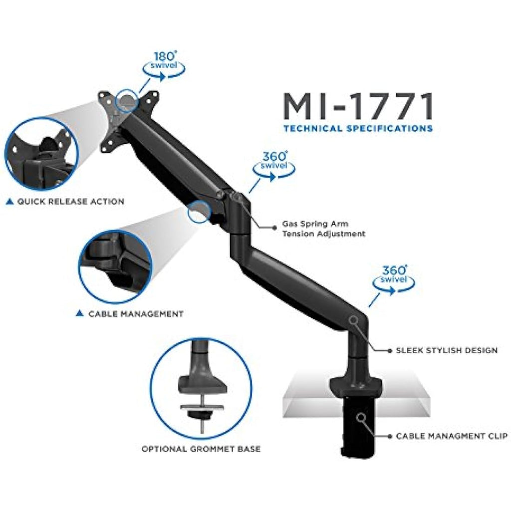 Mount-It! Single Monitor Arm – Gas Spring Desk Mount for 19-32" Screens