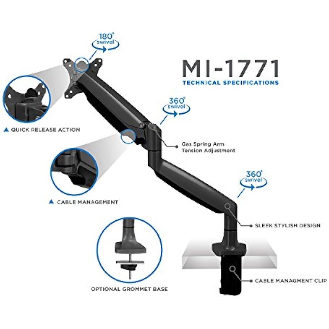 Mount-It! Single Monitor Arm – Gas Spring Desk Mount for 19-32" Screens