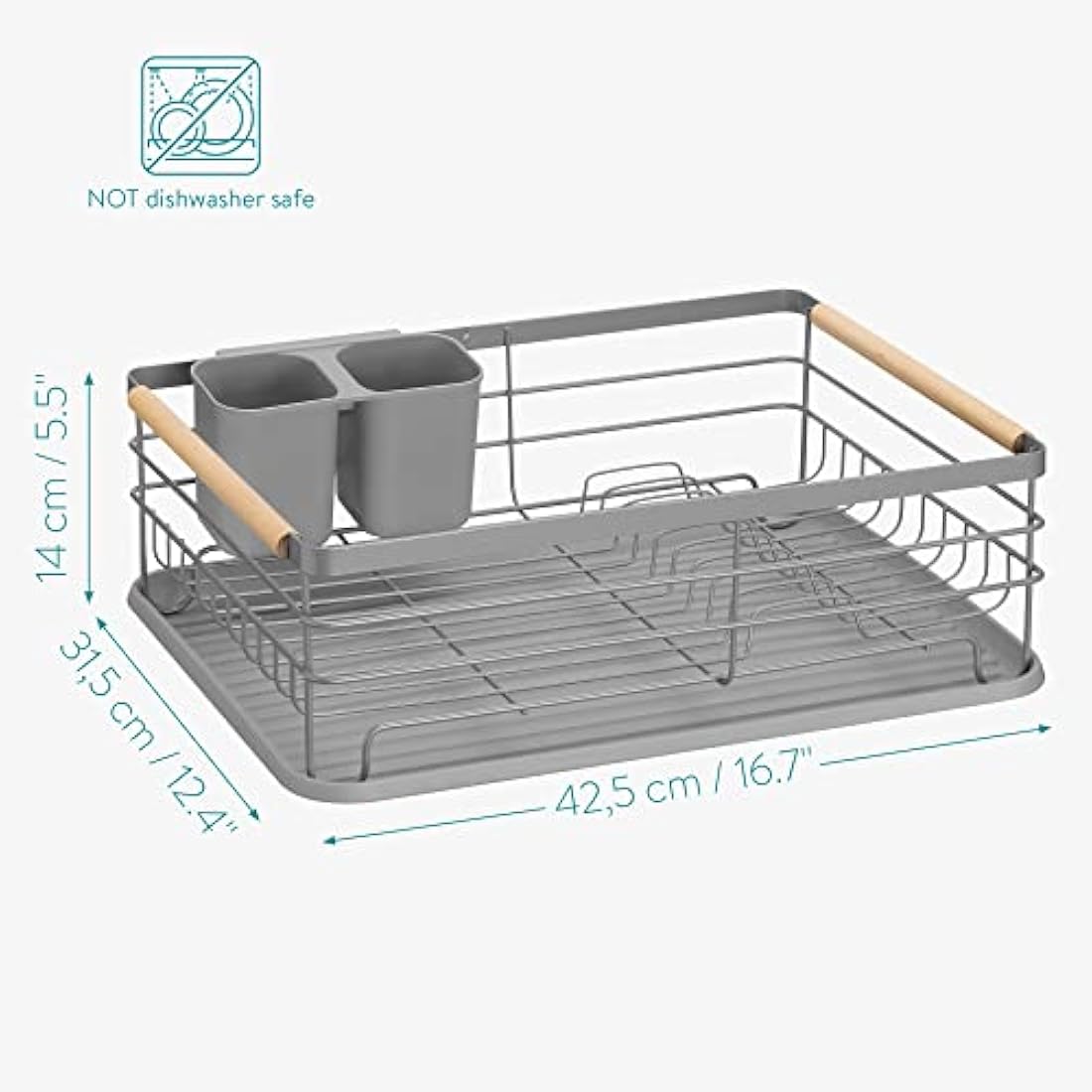 Navaris Dish Drainer Rack – Grey Iron with Beechwood Handles and Tray