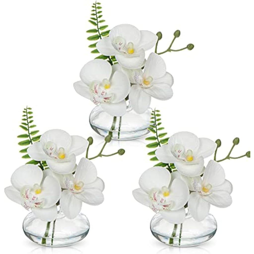 Briful Set of 3 White Artificial Orchids in Glass Vase | Real Touch Faux