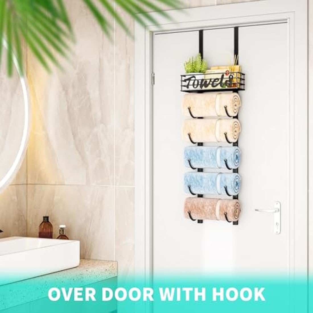 HapiRm 6-Tier Over Door Towel Rack | Wall Mounted Metal Storage with Basket