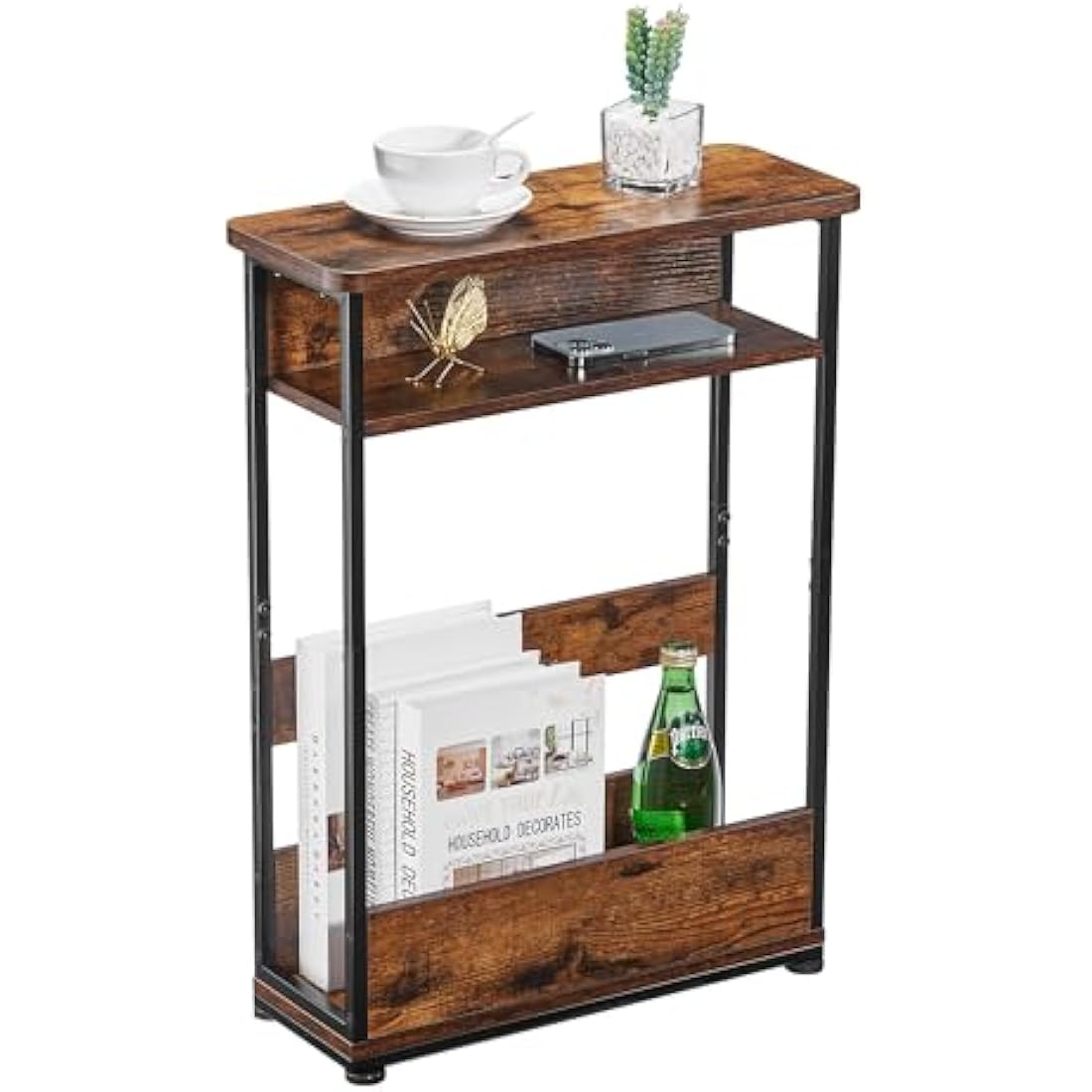 Jolof Store Narrow Side Table – Industrial Nightstand with Magazine Rack