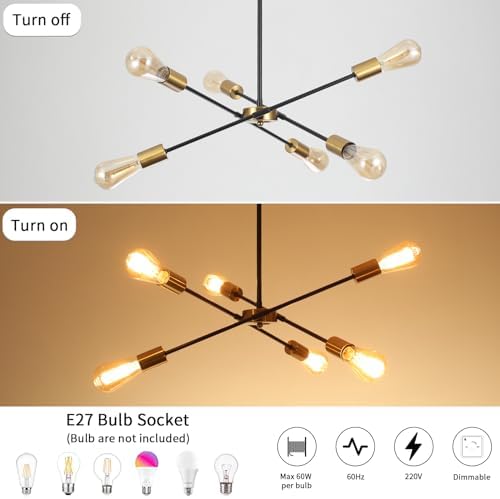 QAREHL 6-Arm Sputnik Chandelier – Modern Black and Gold Ceiling Light
