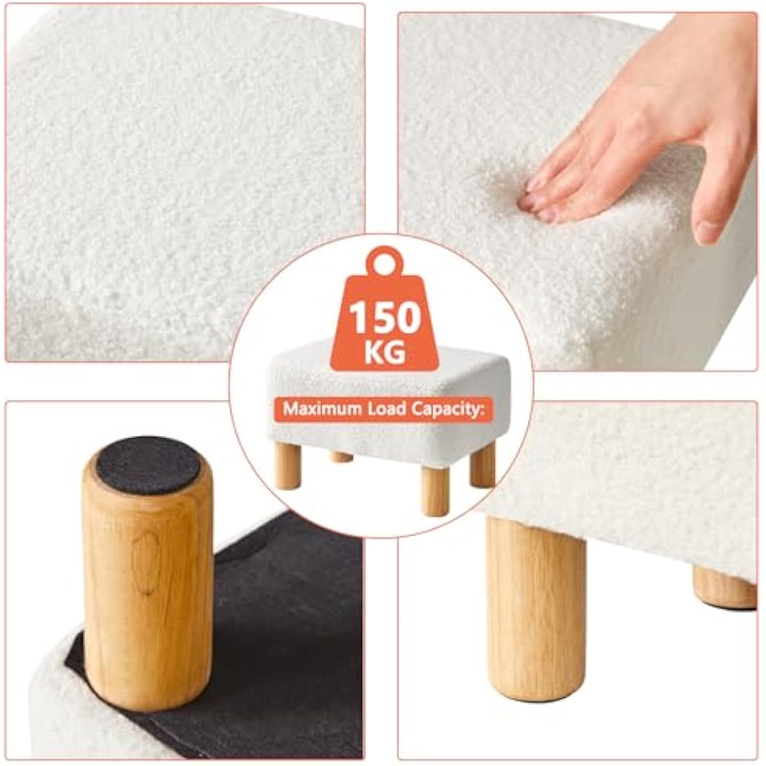 YMYNY Teddy Fleece Footstool | Rectangle Ottoman with Wooden Legs