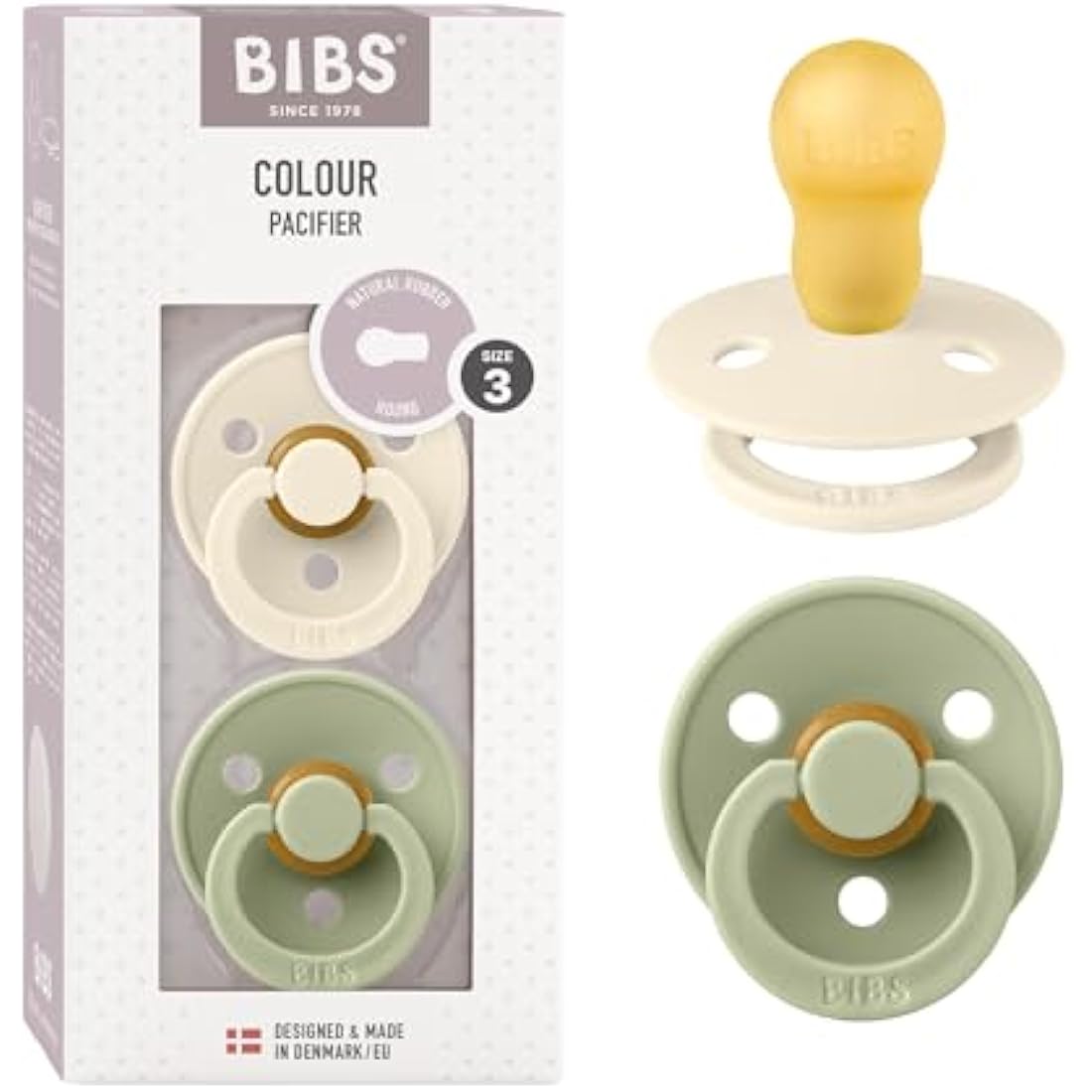 BIBS Colour Pacifier 2-Pack | Natural Rubber Latex Soother | Ivory/Sage