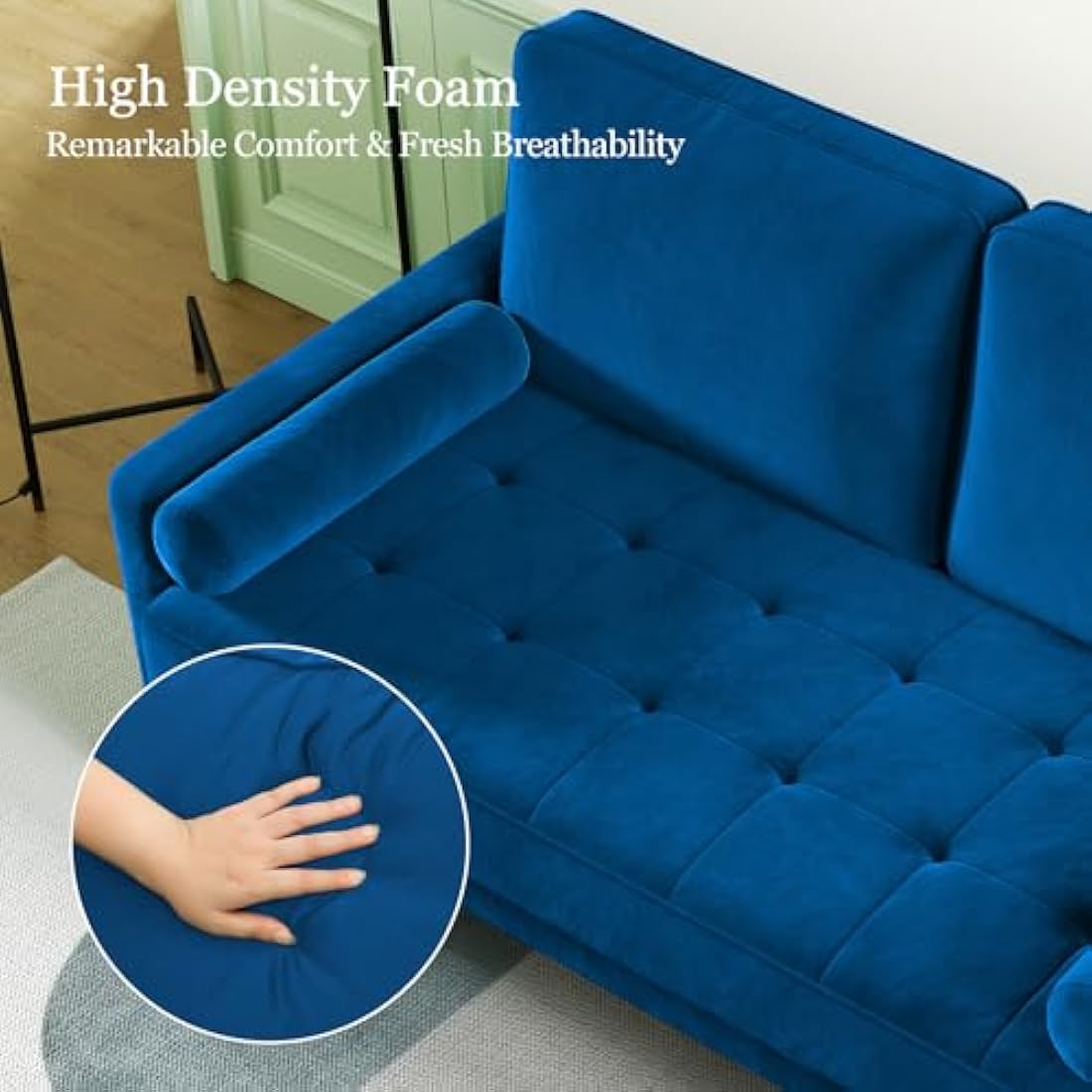 Vesgantti 2 Seater Blue Velvet Sofa – Modern Loveseat with Wood Legs