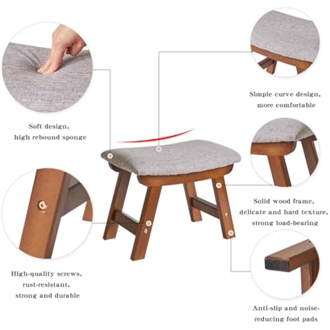 Wooden Ottoman Foot Stool | Grey Fabric Pouffe with Beech Legs