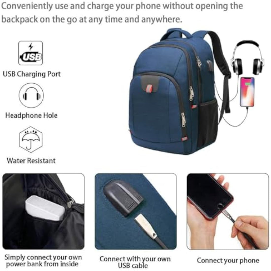 17 Inch Laptop Backpack – Anti-Theft Travel Bag with USB, Blue